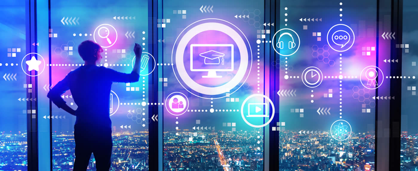 Person interacting with virtual interface displayed over a full height window with city nightscape in background