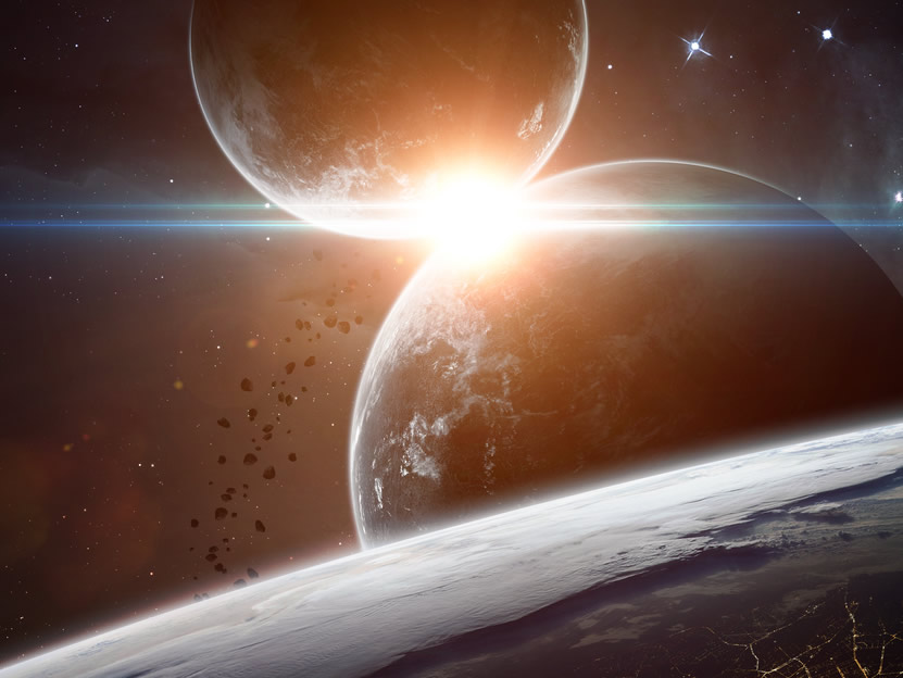 Star shining between two closely aligned planets as viewed from orbit around a third planet