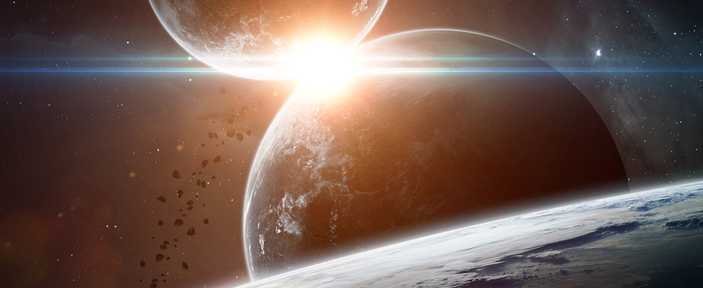 Star shining between two moons seen from orbit around planet