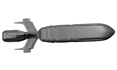 Above: 3D model of a torpedo (side elevation). The fins toward the rear are used (among other things) by the torp's guidance systems.