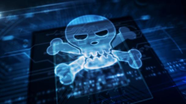 Digital skull and crossbones over a virtual circuitboard