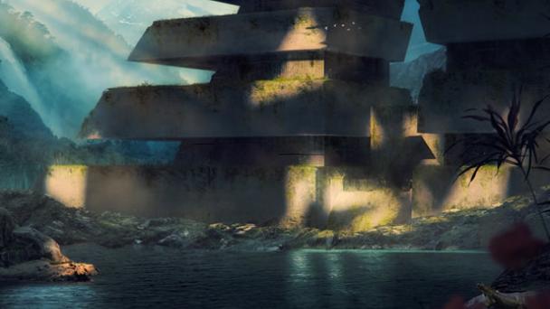 Ruined buildings on an alien planet
