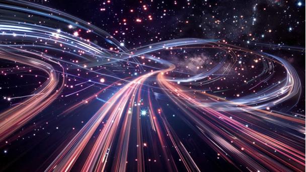 Light paths against a star background