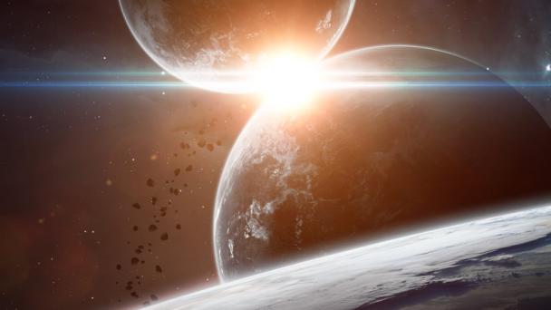 Star shining between two closely aligned planets as viewed from orbit around a third planet