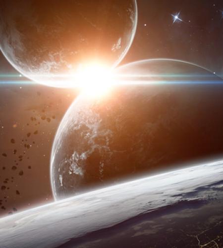 Star shining between two closely aligned planets as viewed from orbit around a third planet