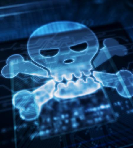 Digital skull and crossbones over a virtual circuitboard