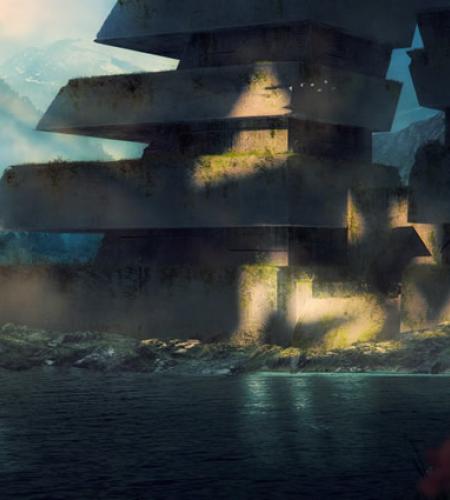 Ruined buildings on an alien planet